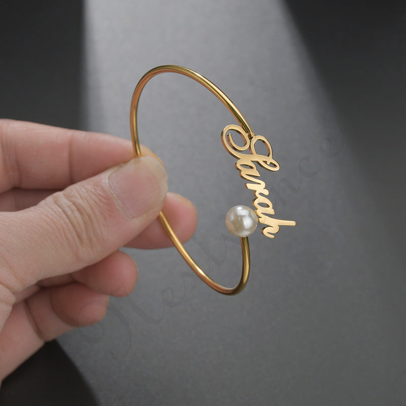 Custom Bangle Bracelet with Pearl Accent