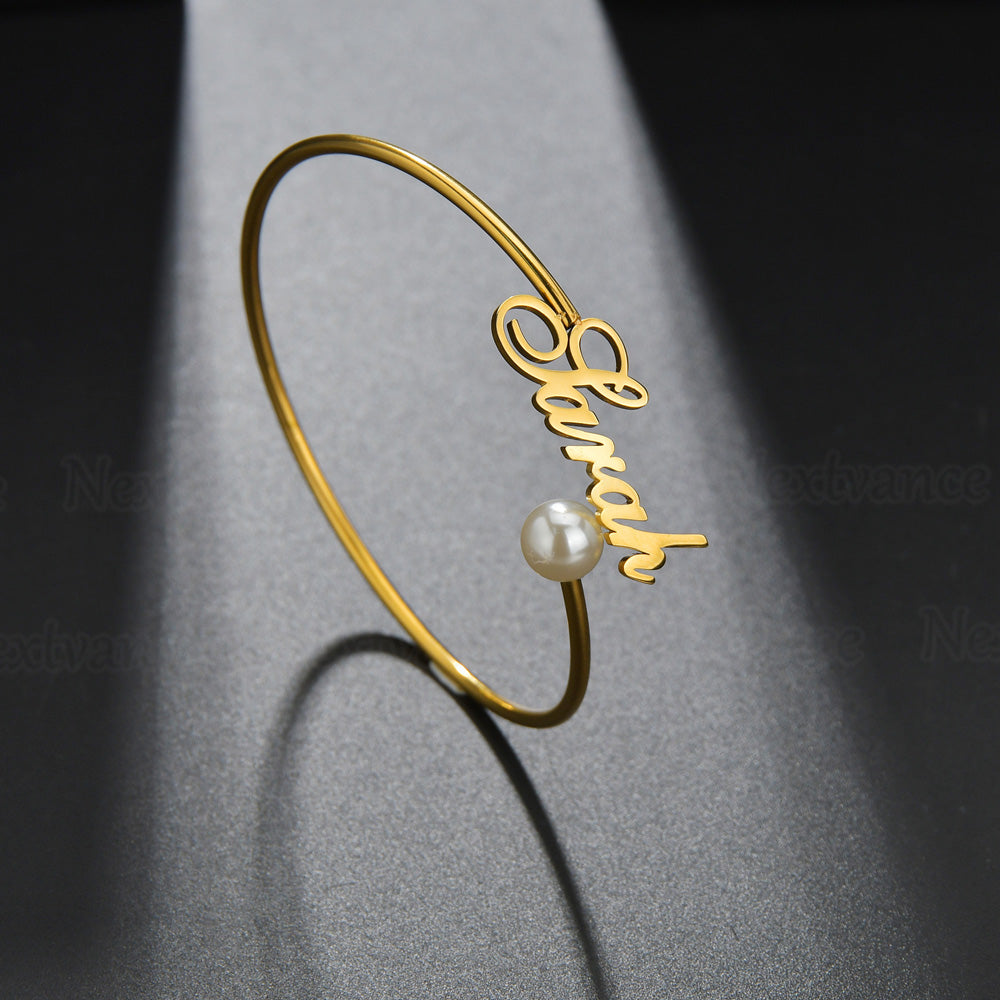 Custom Bangle Bracelet with Pearl Accent