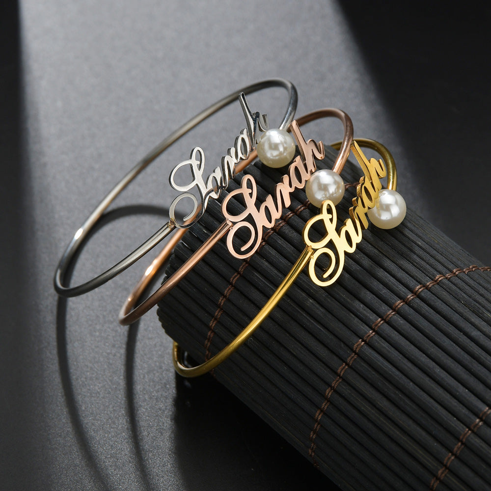Custom Bangle Bracelet with Pearl Accent