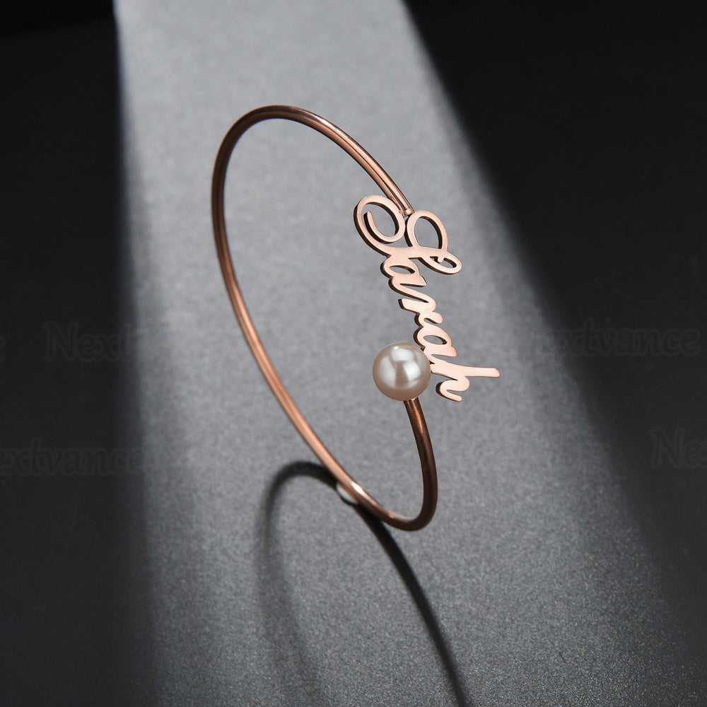 Custom Bangle Bracelet with Pearl Accent