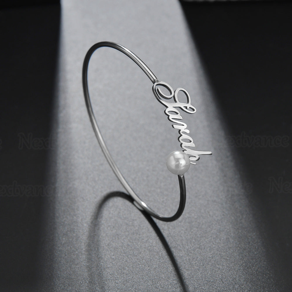 Custom Bangle Bracelet with Pearl Accent